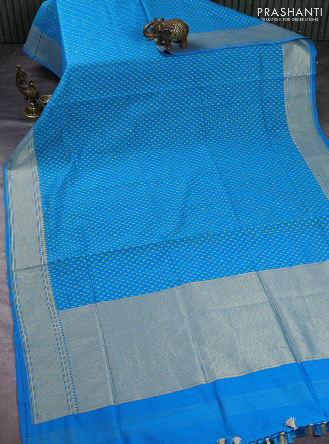 Banarasi silk cotton saree cs blue with allover thread & zari woven buttas and temple design zari woven border