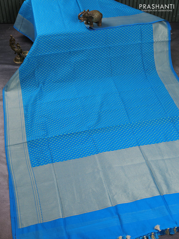 Banarasi silk cotton saree cs blue with allover thread & zari woven buttas and temple design zari woven border