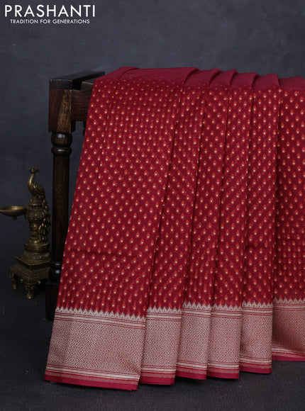 Banarasi silk cotton saree maroon with allover thread & zari woven buttas and temple design zari woven border