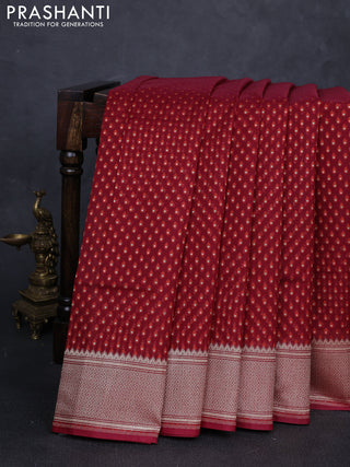 Banarasi silk cotton saree maroon with allover thread & zari woven buttas and temple design zari woven border