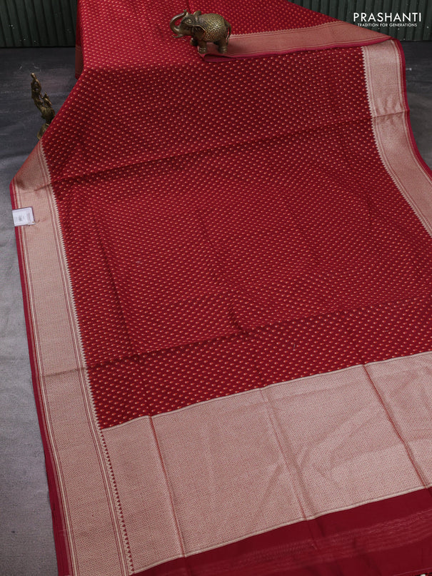 Banarasi silk cotton saree maroon with allover thread & zari woven buttas and temple design zari woven border