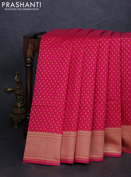 Banarasi silk cotton saree pink with allover thread & zari woven buttas and temple design zari woven border