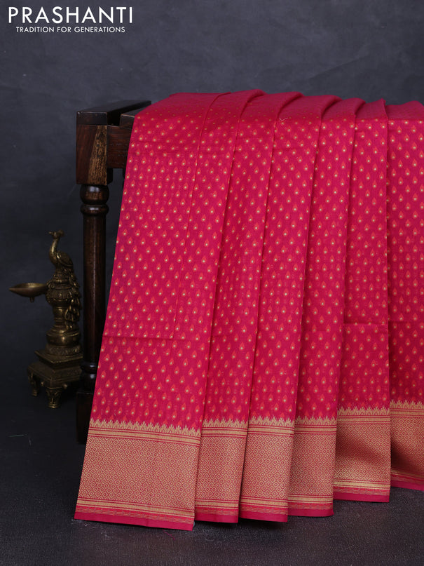 Banarasi silk cotton saree pink with allover thread & zari woven buttas and temple design zari woven border