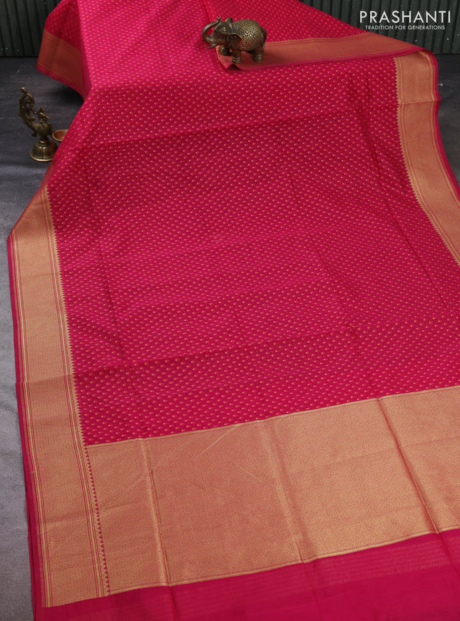 Banarasi silk cotton saree pink with allover thread & zari woven buttas and temple design zari woven border