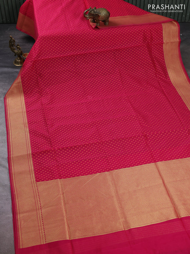 Banarasi silk cotton saree pink with allover thread & zari woven buttas and temple design zari woven border