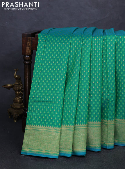 Banarasi silk cotton saree green with allover thread & zari woven buttas and temple design zari woven border