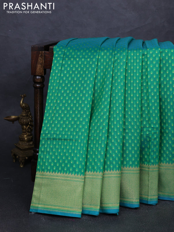 Banarasi silk cotton saree green with allover thread & zari woven buttas and temple design zari woven border