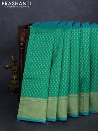 Banarasi silk cotton saree green with allover thread & zari woven buttas and temple design zari woven border
