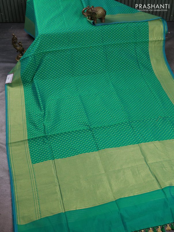 Banarasi silk cotton saree green with allover thread & zari woven buttas and temple design zari woven border