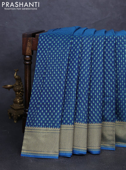 Banarasi silk cotton saree peacock blue with allover thread & zari woven buttas and temple design zari woven border