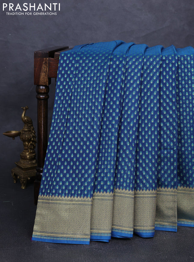 Banarasi silk cotton saree peacock blue with allover thread & zari woven buttas and temple design zari woven border