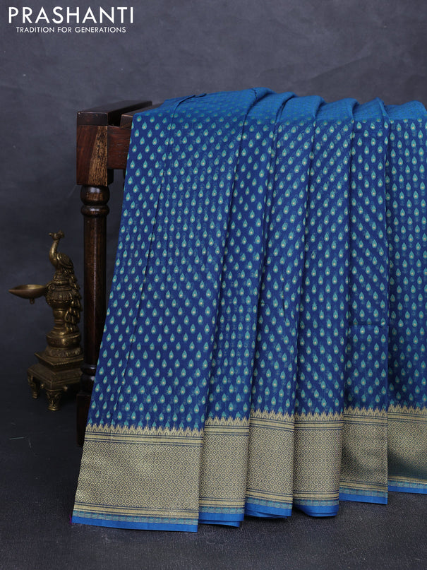 Banarasi silk cotton saree peacock blue with allover thread & zari woven buttas and temple design zari woven border