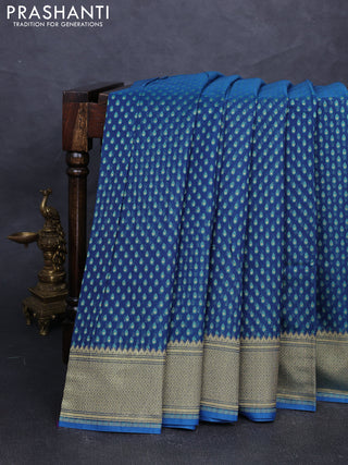 Banarasi silk cotton saree peacock blue with allover thread & zari woven buttas and temple design zari woven border