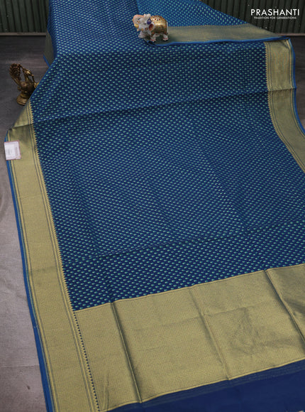 Banarasi silk cotton saree peacock blue with allover thread & zari woven buttas and temple design zari woven border