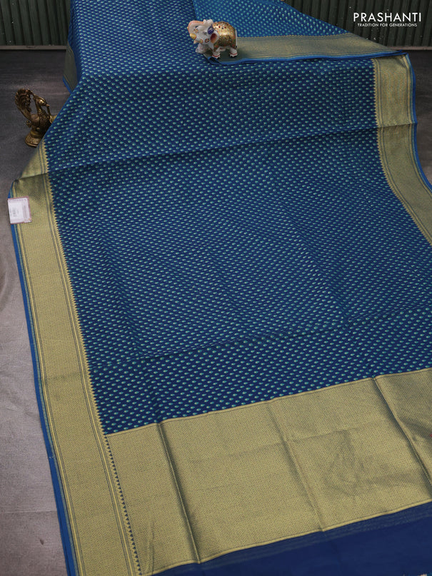 Banarasi silk cotton saree peacock blue with allover thread & zari woven buttas and temple design zari woven border