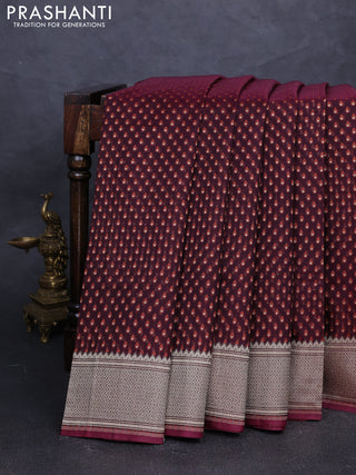 Banarasi silk cotton saree deep maroon with allover thread & zari woven buttas and temple design zari woven border