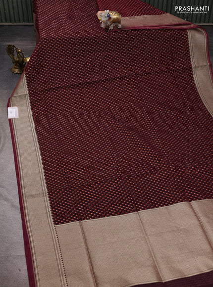 Banarasi silk cotton saree deep maroon with allover thread & zari woven buttas and temple design zari woven border