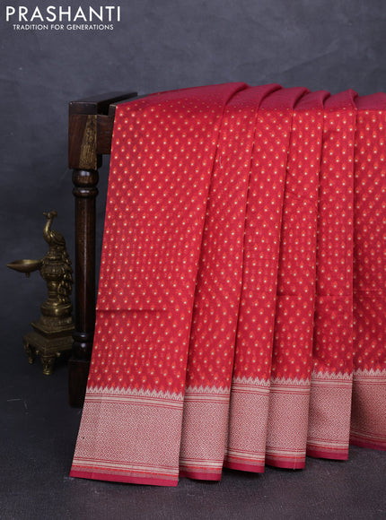 Banarasi silk cotton saree red with allover thread & zari woven buttas and temple design zari woven border