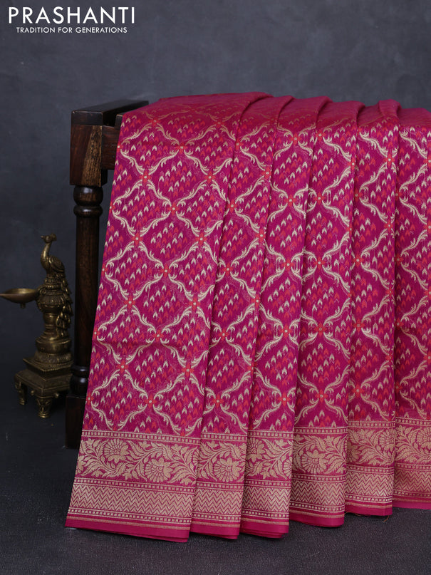 Banarasi silk cotton saree magenta pink with allover thread & zari woven brocade weaves and zari woven border