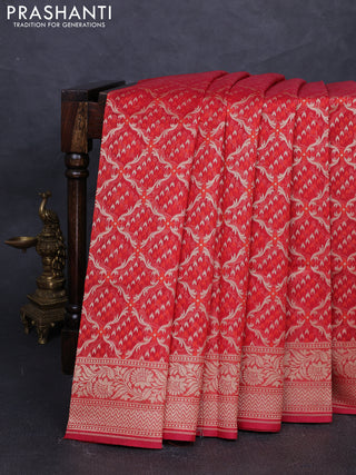 Banarasi silk cotton saree red with allover thread & zari woven brocade weaves and zari woven border