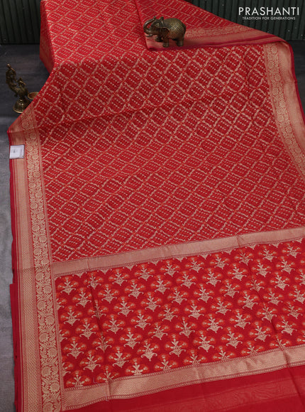 Banarasi silk cotton saree red with allover thread & zari woven brocade weaves and zari woven border