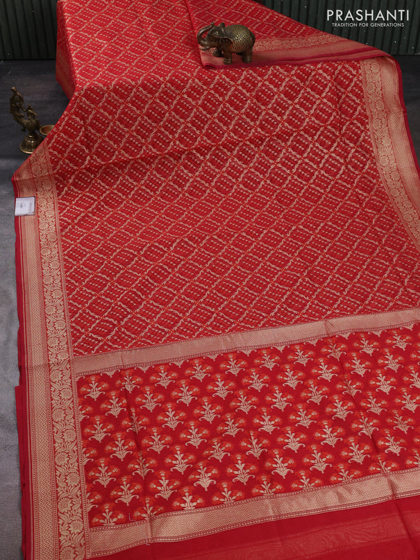 Banarasi silk cotton saree red with allover thread & zari woven brocade weaves and zari woven border