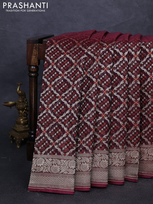 Banarasi silk cotton saree deep wine with allover thread & zari woven brocade weaves and zari woven border