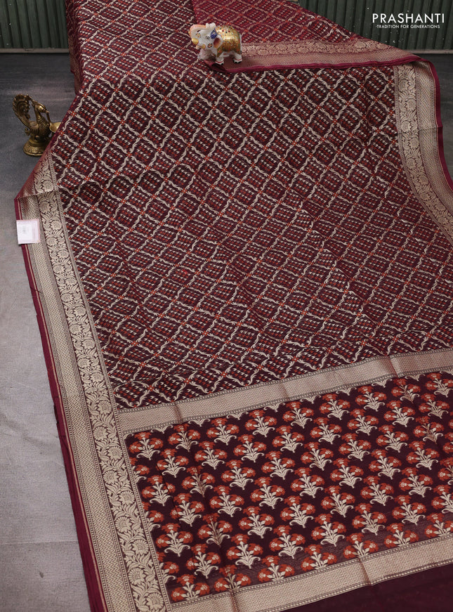 Banarasi silk cotton saree deep wine with allover thread & zari woven brocade weaves and zari woven border