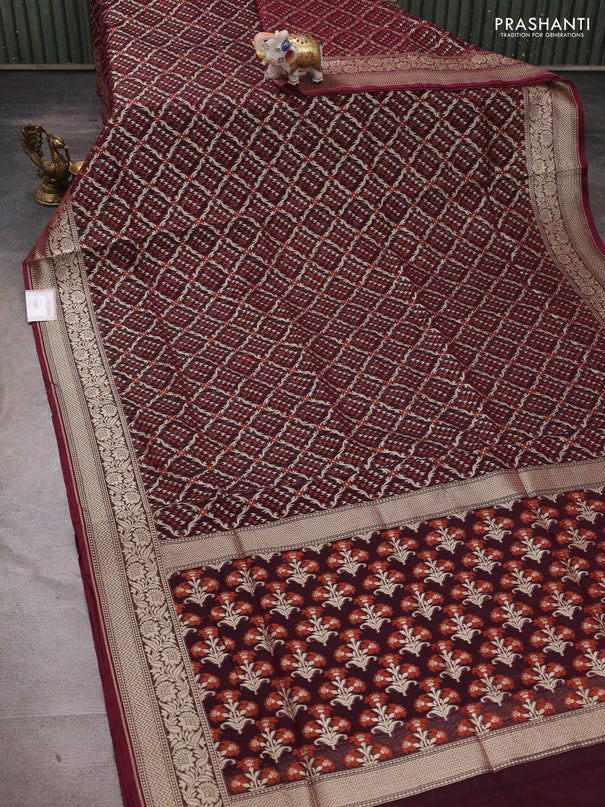 Banarasi silk cotton saree deep wine with allover thread & zari woven brocade weaves and zari woven border