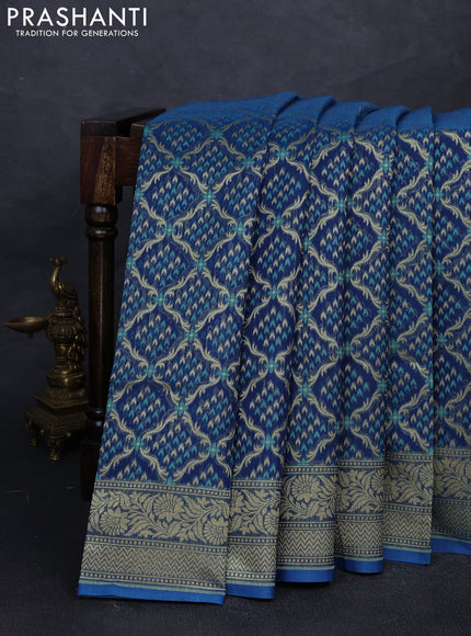 Banarasi silk cotton saree peacock blue with allover thread & zari woven brocade weaves and zari woven border