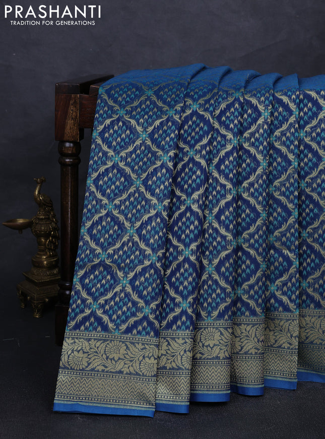 Banarasi silk cotton saree peacock blue with allover thread & zari woven brocade weaves and zari woven border
