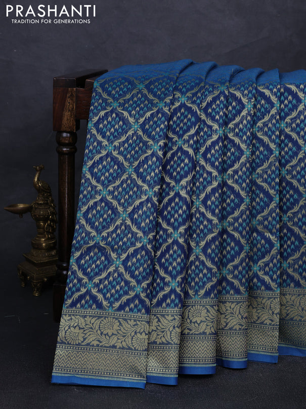 Banarasi silk cotton saree peacock blue with allover thread & zari woven brocade weaves and zari woven border
