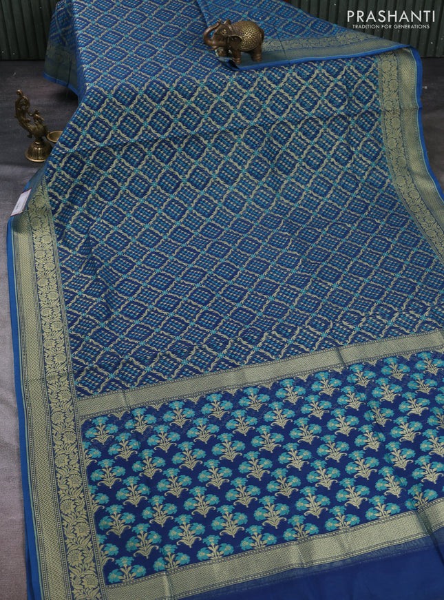 Banarasi silk cotton saree peacock blue with allover thread & zari woven brocade weaves and zari woven border