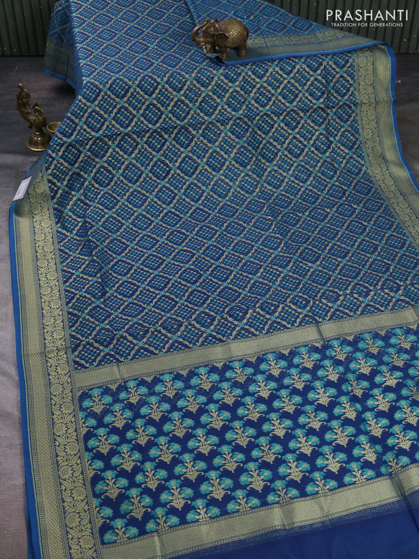 Banarasi silk cotton saree peacock blue with allover thread & zari woven brocade weaves and zari woven border