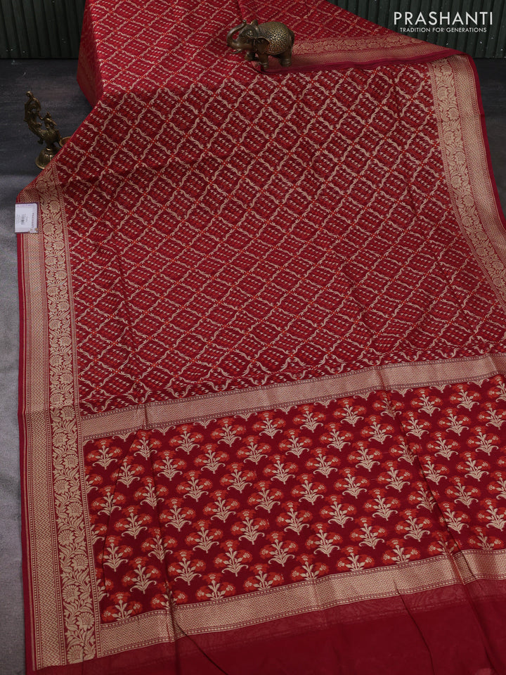 Banarasi silk cotton saree maroon with allover thread & zari woven brocade weaves and zari woven border