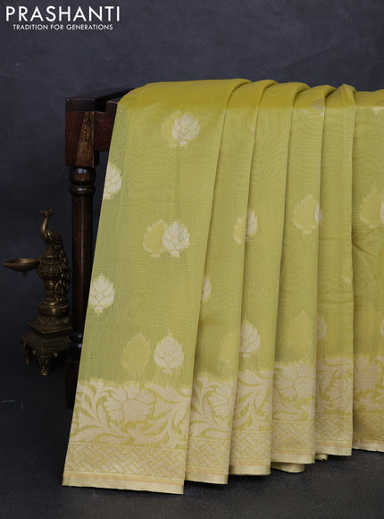 Banarasi silk cotton saree lime green with thread & zari woven buttas and thread & zari woven border