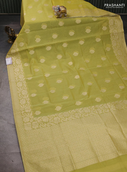 Banarasi silk cotton saree lime green with thread & zari woven buttas and thread & zari woven border