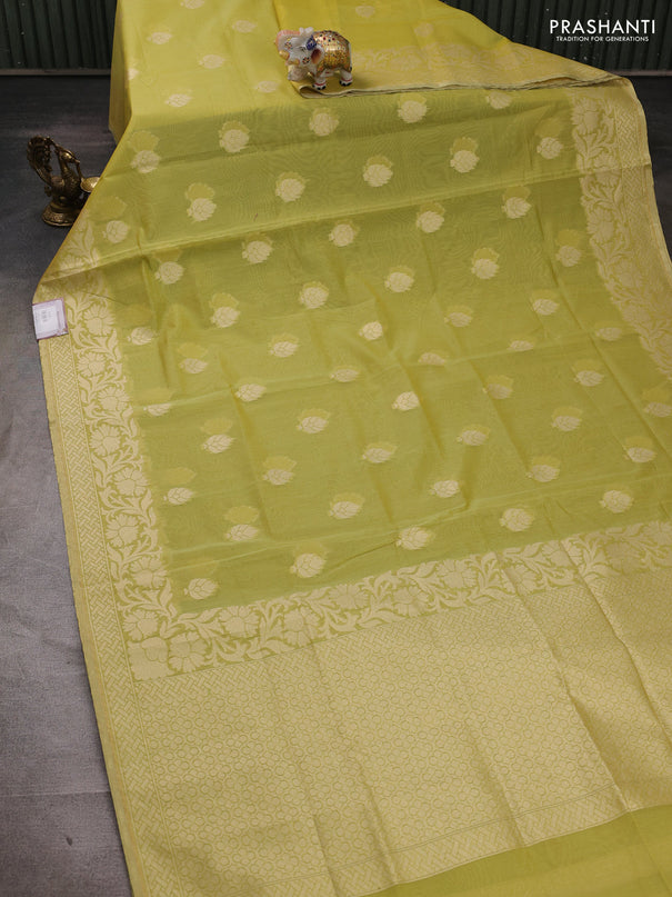Banarasi silk cotton saree lime green with thread & zari woven buttas and thread & zari woven border