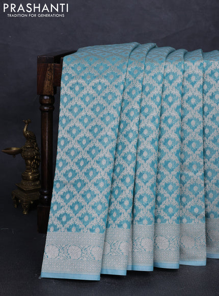 Banarasi silk cotton saree teal blue with allover thread & zari woven brocade weaves and thread & zari woven border