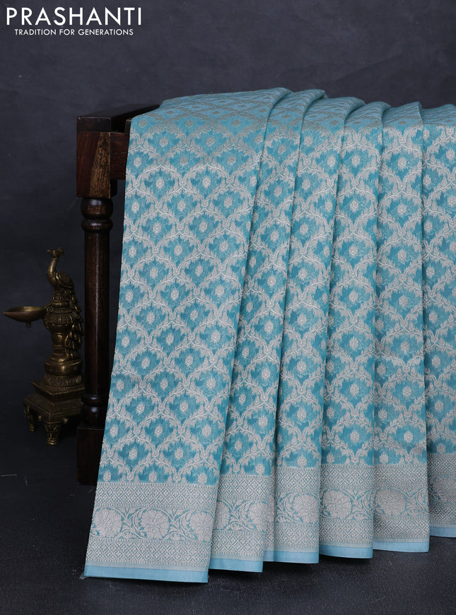 Banarasi silk cotton saree teal blue with allover thread & zari woven brocade weaves and thread & zari woven border