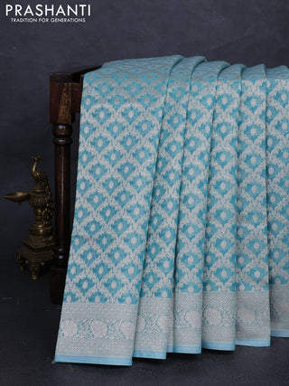 Banarasi silk cotton saree teal blue with allover thread & zari woven brocade weaves and thread & zari woven border
