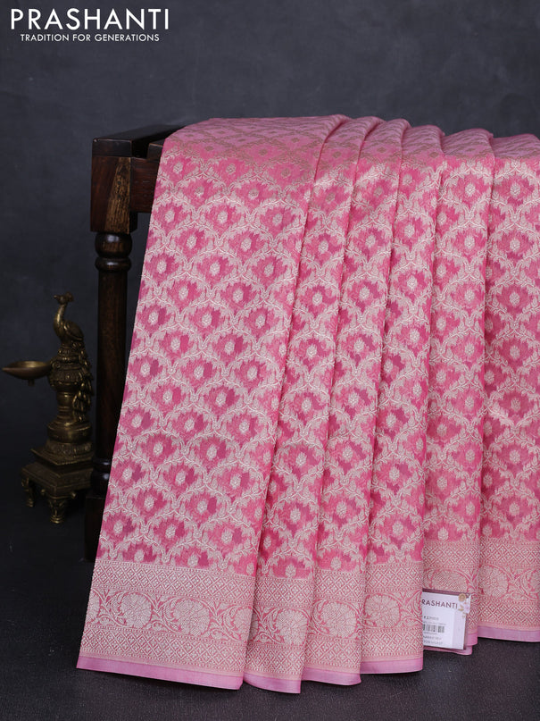 Banarasi silk cotton saree peach pink with allover thread & zari woven brocade weaves and thread & zari woven border