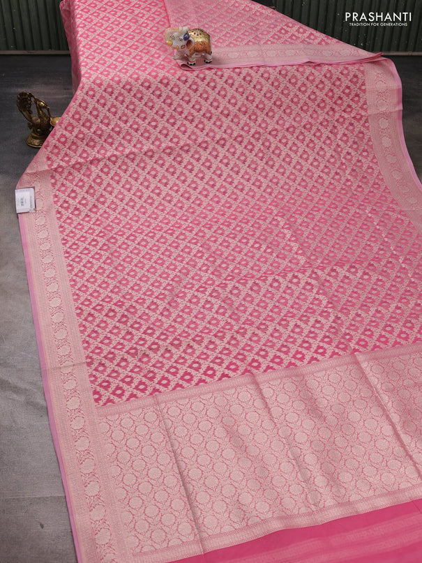 Banarasi silk cotton saree peach pink with allover thread & zari woven brocade weaves and thread & zari woven border