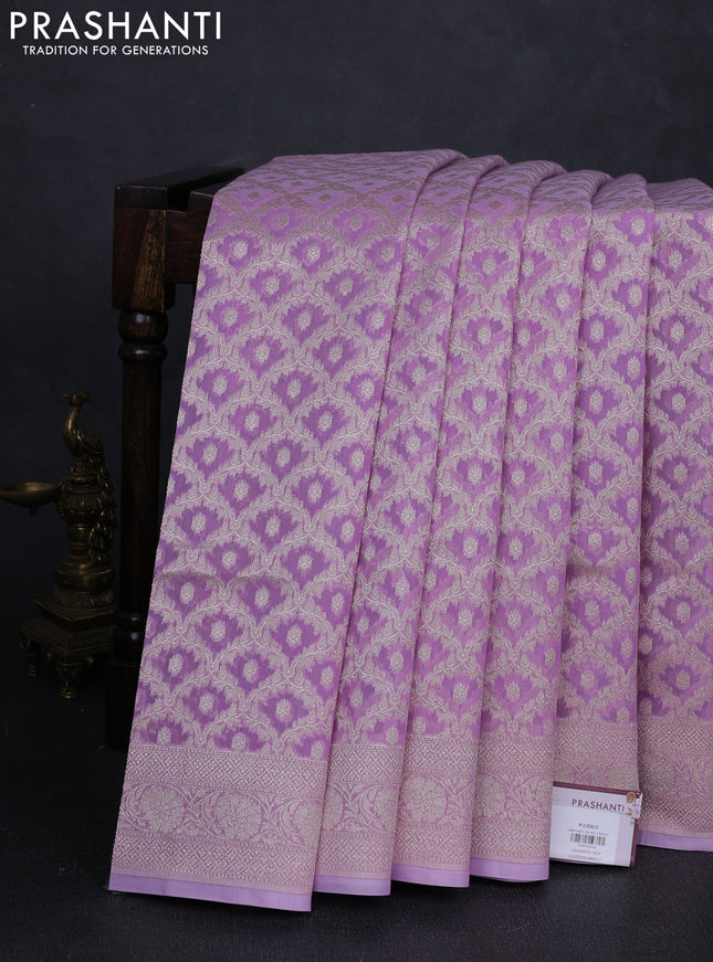 Banarasi silk cotton saree lavender with allover thread & zari woven brocade weaves and thread & zari woven border