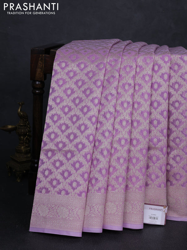 Banarasi silk cotton saree lavender with allover thread & zari woven brocade weaves and thread & zari woven border
