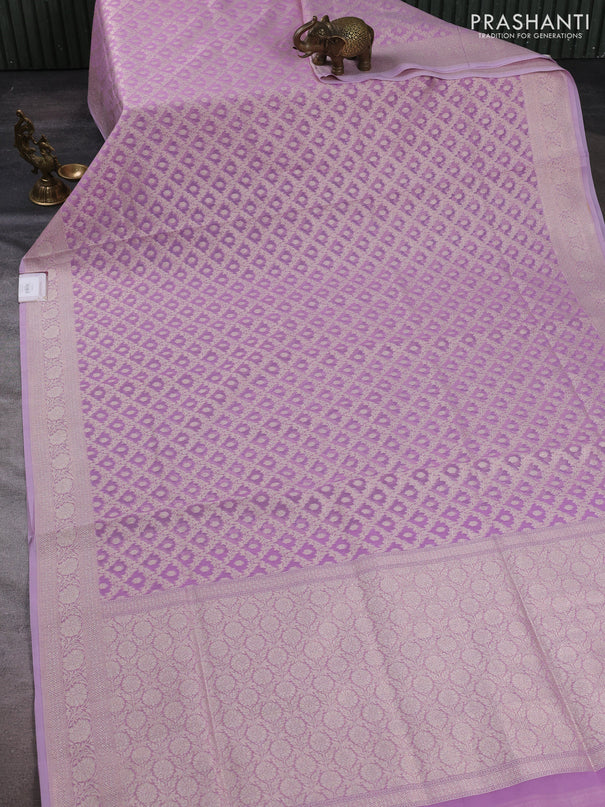 Banarasi silk cotton saree lavender with allover thread & zari woven brocade weaves and thread & zari woven border