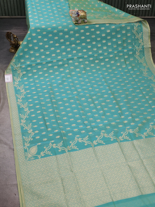 Banarasi silk cotton saree dual shade of teal green with allover thread & zari woven buttas and thread & zari woven border