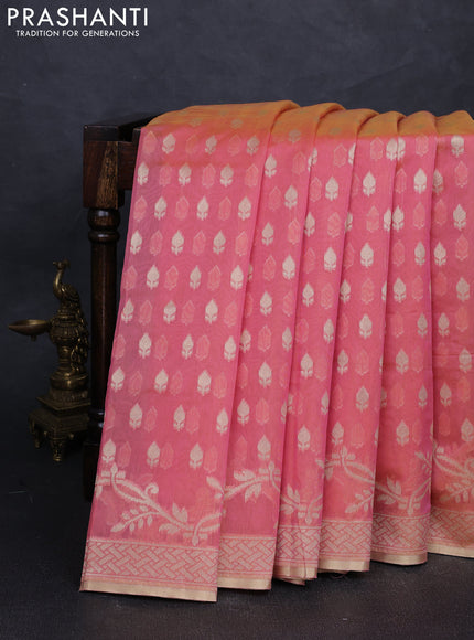 Banarasi silk cotton saree peach pink with allover thread & zari woven buttas and thread & zari woven border
