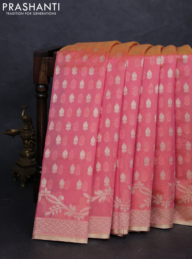 Banarasi silk cotton saree peach pink with allover thread & zari woven buttas and thread & zari woven border