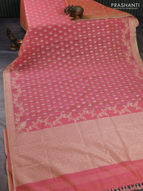 Banarasi silk cotton saree peach pink with allover thread & zari woven buttas and thread & zari woven border